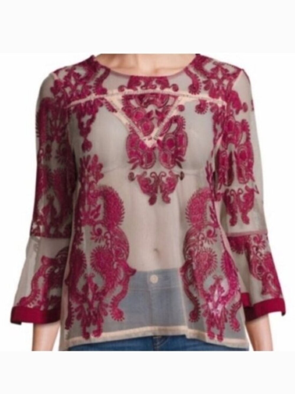 MinkPink Burgundy Red Pink Paisley Sheer Embroidered Bell 3/4-Sleeve Top XS